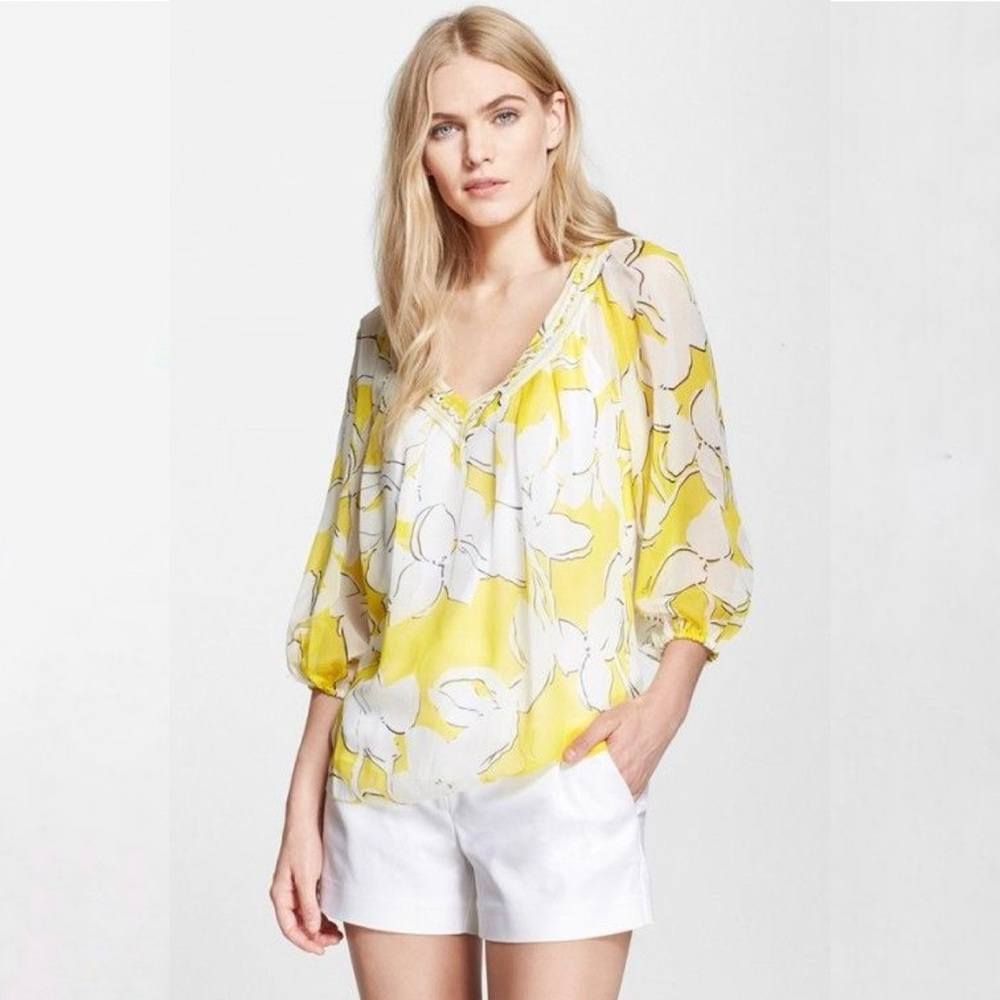 DIANE VON FURSTENBERG Davi Yellow Silk Floral Blouse Women’s Size Medium